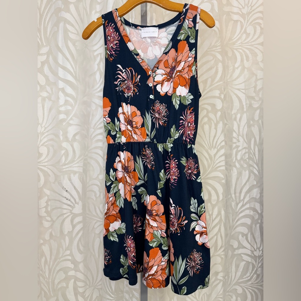 French Grey Navy Blue and Orange Sleeveless V-Neck Floral Sundress Small
